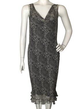 PHILIP DICAPRIO Silk Dress, 10, Snakeskin Black/Gray, Ruffle hem, Drape neck